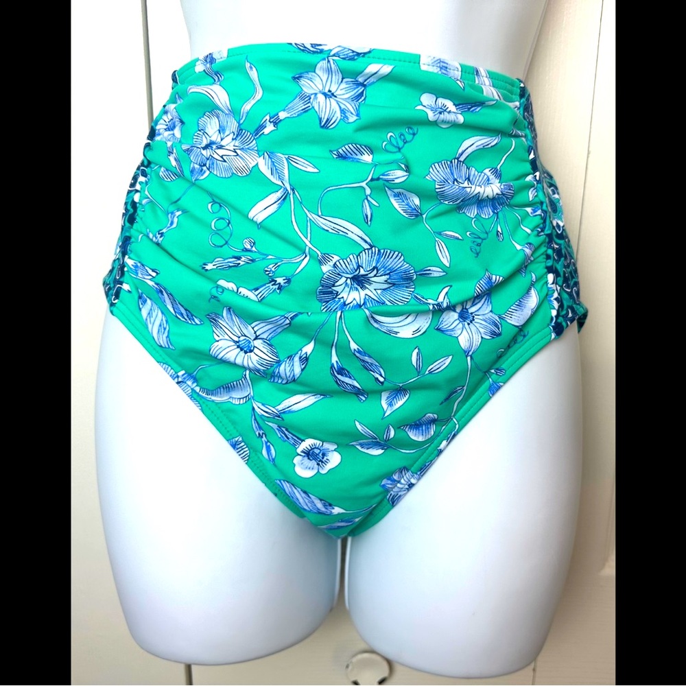 LANDS END Retro High Waisted Swimsuit Bottoms Briefs Green Floral Medallion Geo